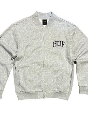 HUF Y2K Gray Snap Button Up Streetwear Skate Varsity Jacket, Men's Small